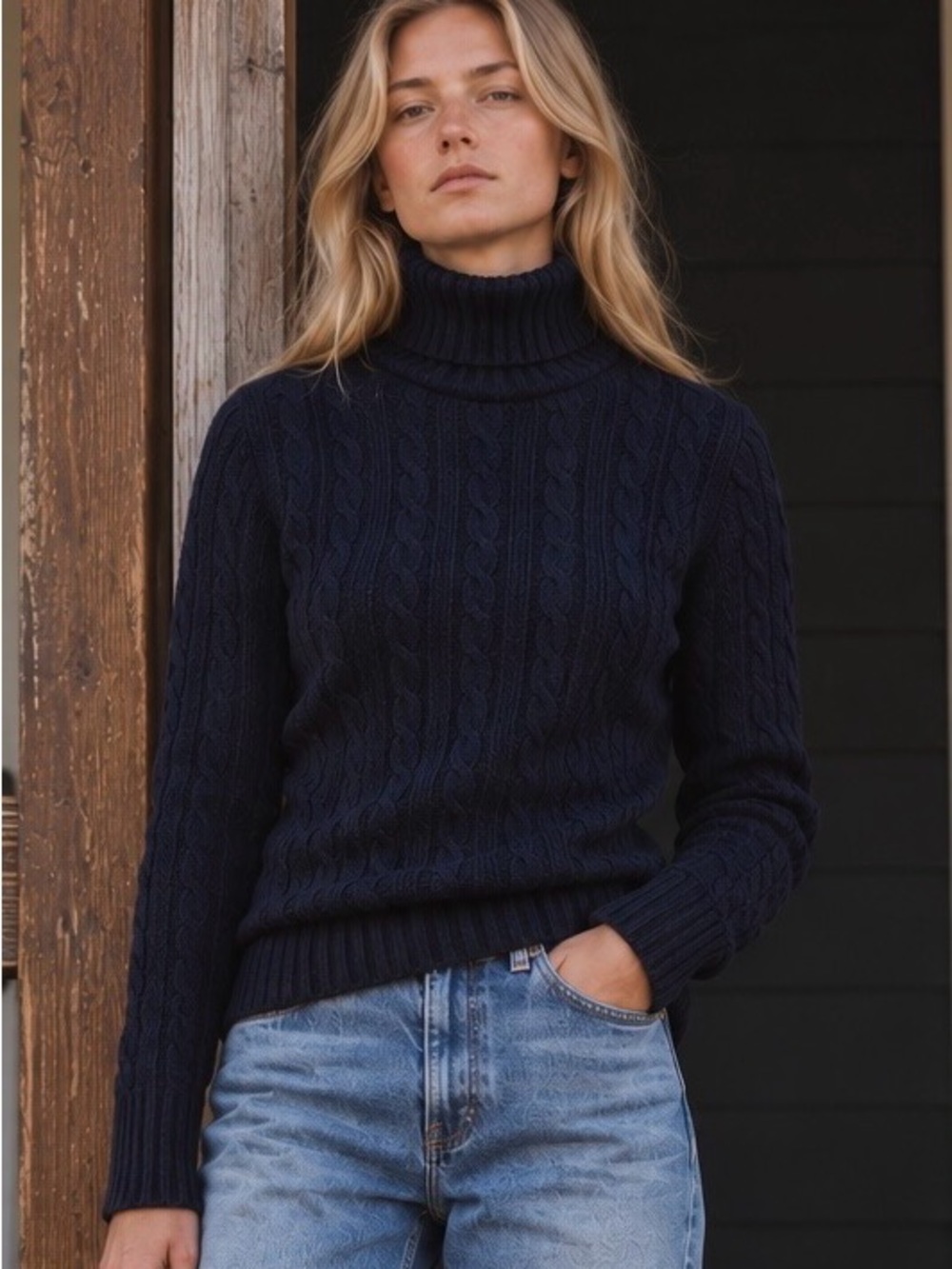 L.L.Bean 100% Cotton Heritage Cable Knit Turtleneck Sweater - small